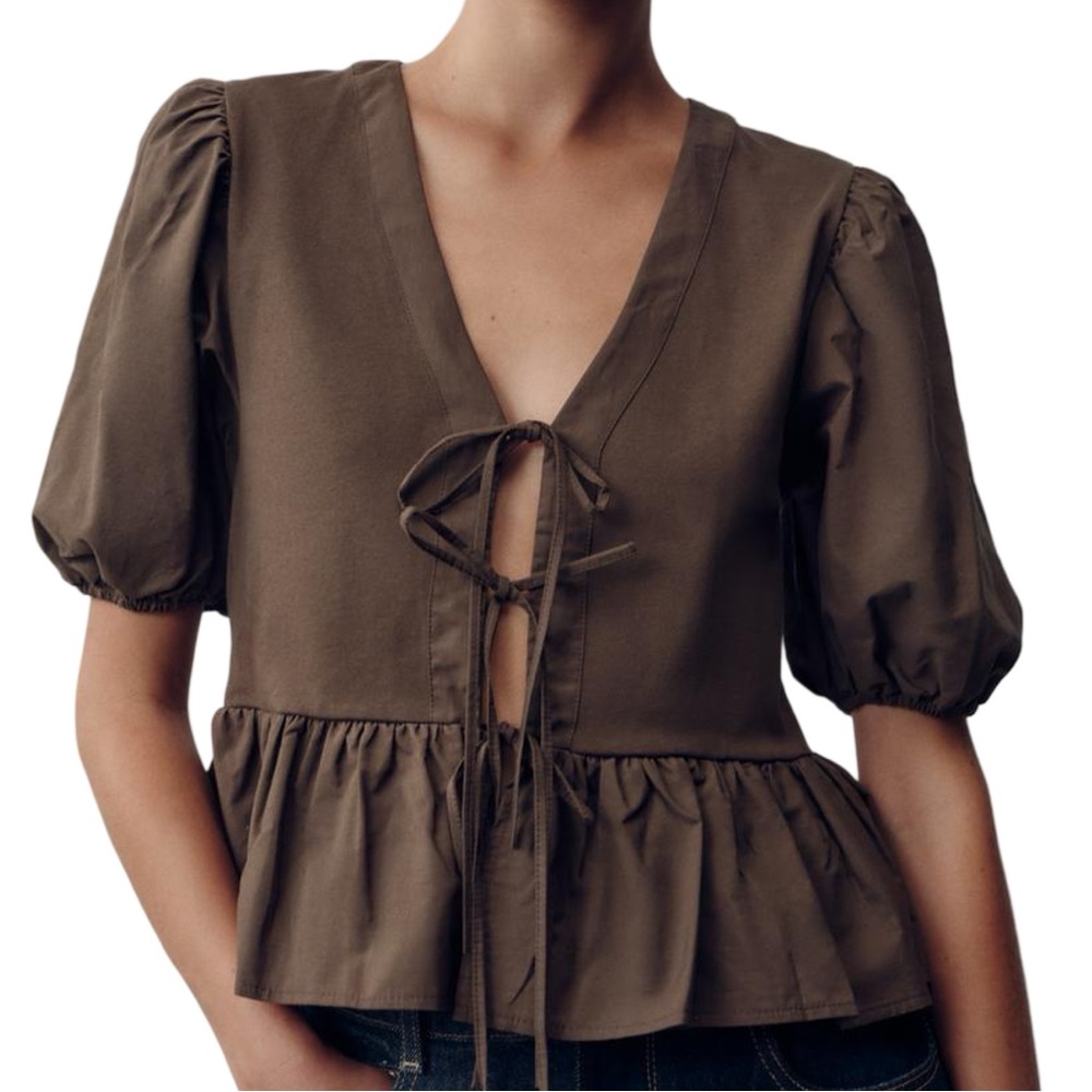 Zara Brown Tie Oversized Puff Sleeve Peplum Top NWT Costal Cowgirl Boho Feminine